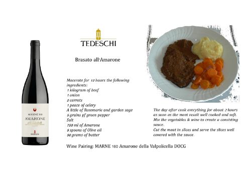 Sie sehen das Original-Rezept für den Brasato all'Amarone und eine Flasche Amarone Marne 180 von Tedeschi