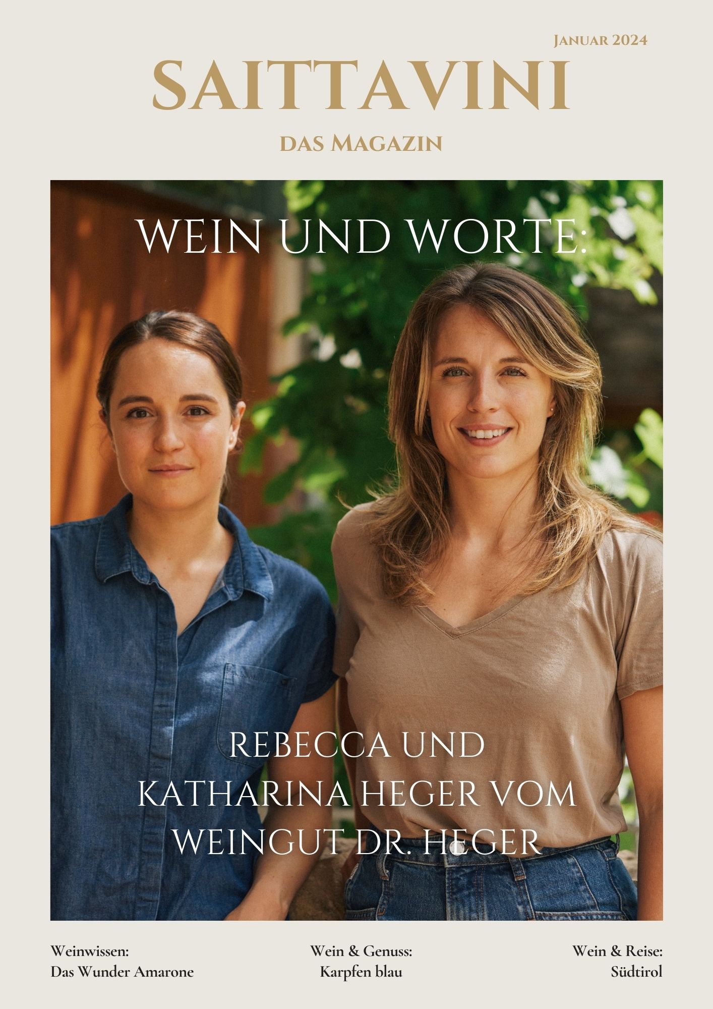 Das Cover des Saittavini Magazin Januar 2024 zeigt Rebecca und Katharina Heger vom Weingut Dr. Heger